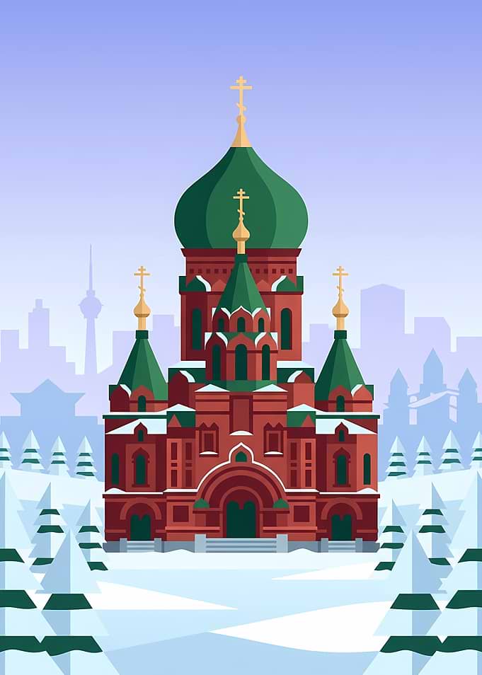 Flat Vector Illustration of Russian Cathedral