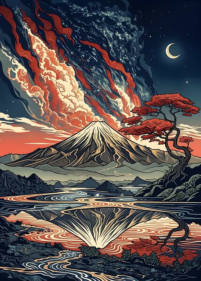 Mount Fuji Ukiyo-e Style Landscape