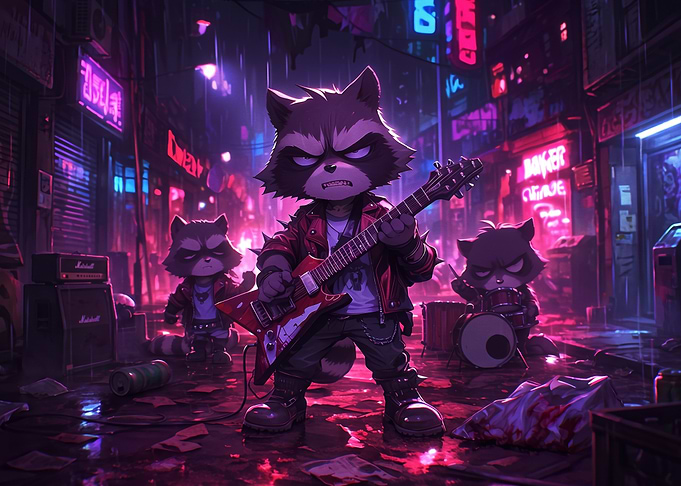 Raccoon Rock Band in Cyberpunk Alley