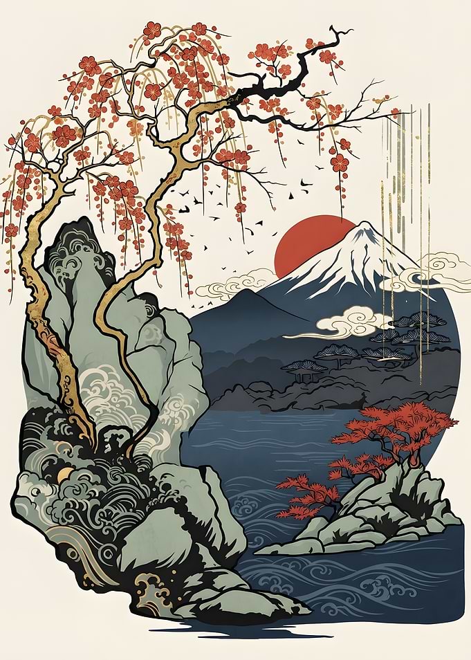Traditional Japanese Landscape with Mount Fuji