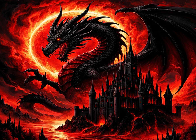 Black Dragon Over Dark Gothic Castle