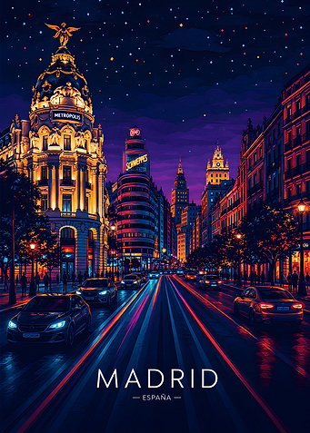 Madrid Cityscape Night Travel Poster