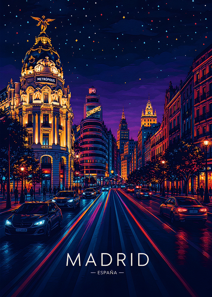 Madrid Cityscape Night Travel Poster
