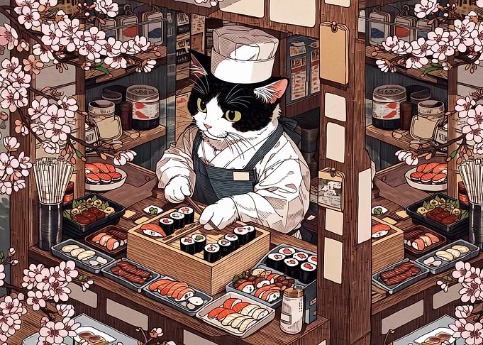 Cat Sushi Chef Preparing Rolls
