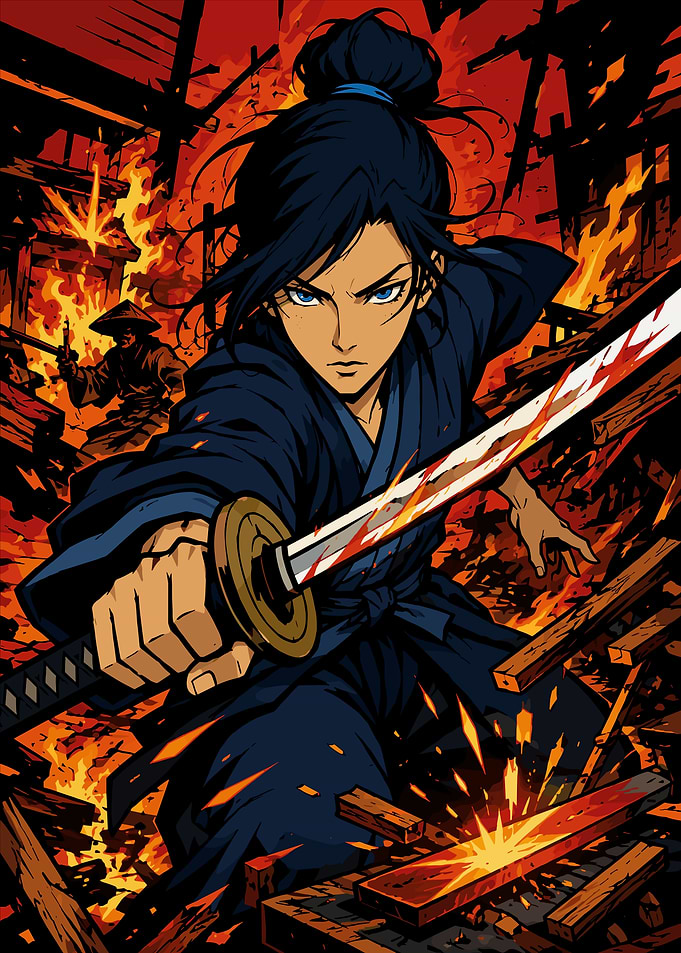 Samurai Warrior in Burning Ruins