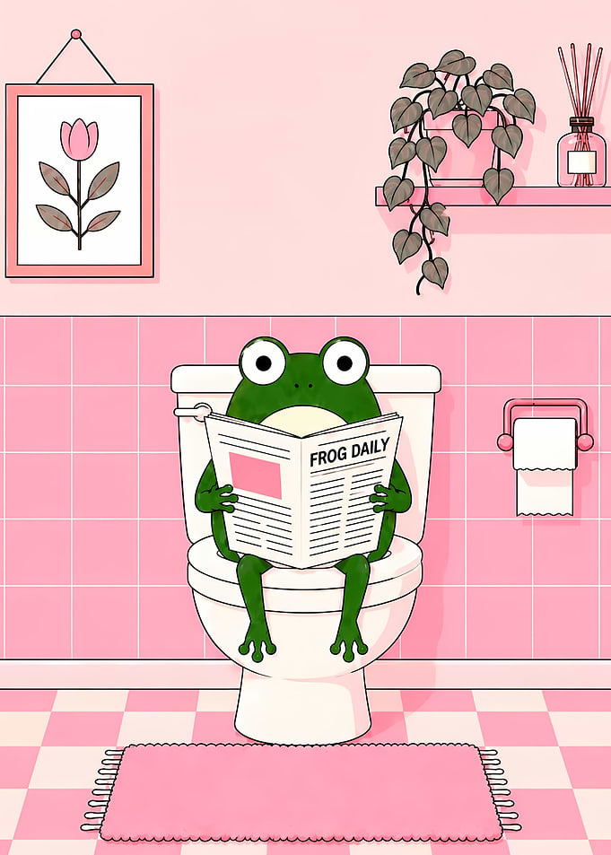 Cute Frog Reading Newspaper on Toilet