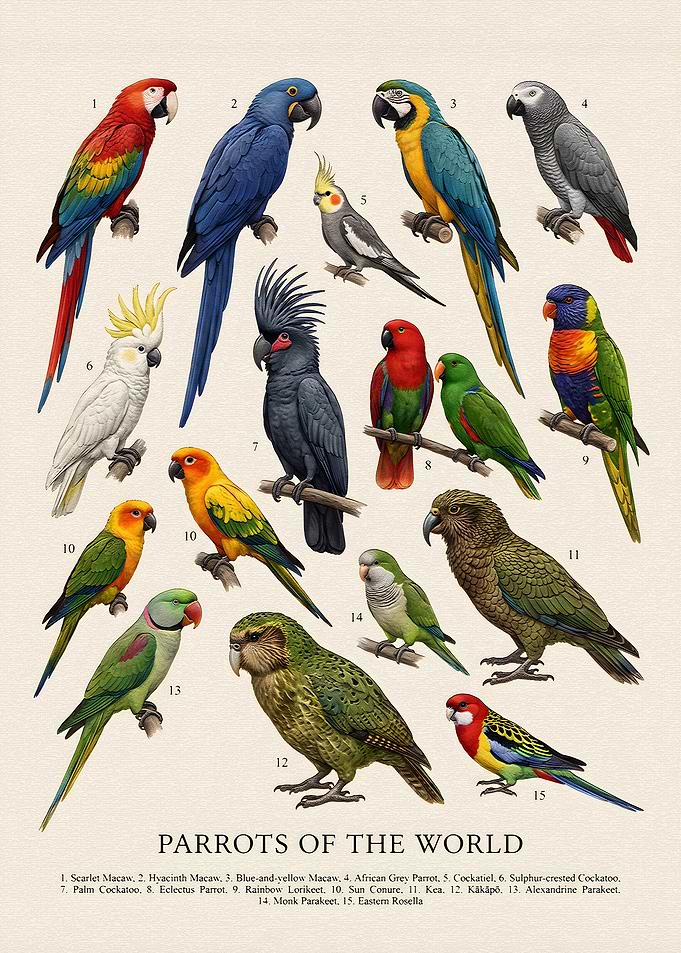 Parrots of the World Educational Poster