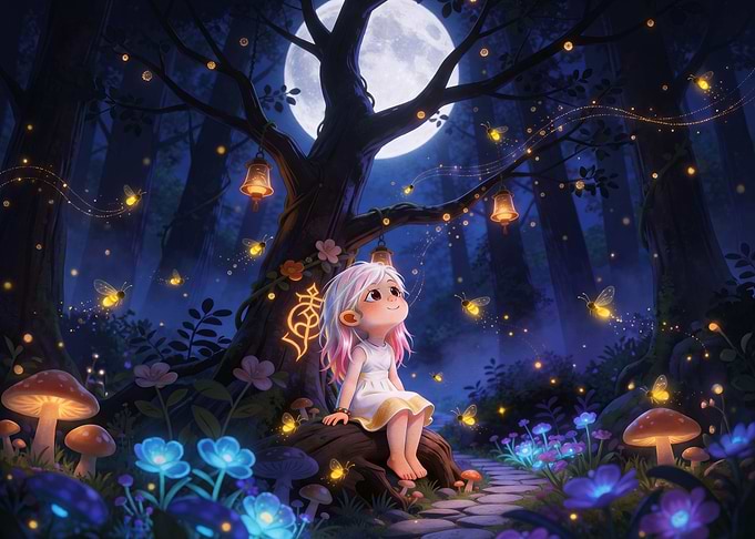 Girl Sitting Under Enchanted Moonlit Tree