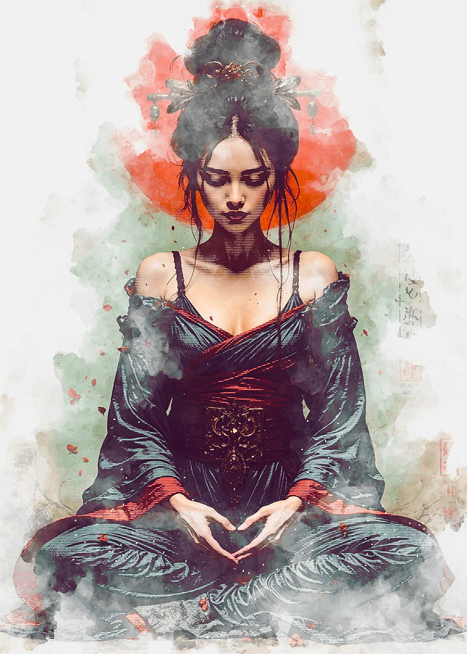 Meditating Woman in Traditional Asian Attire