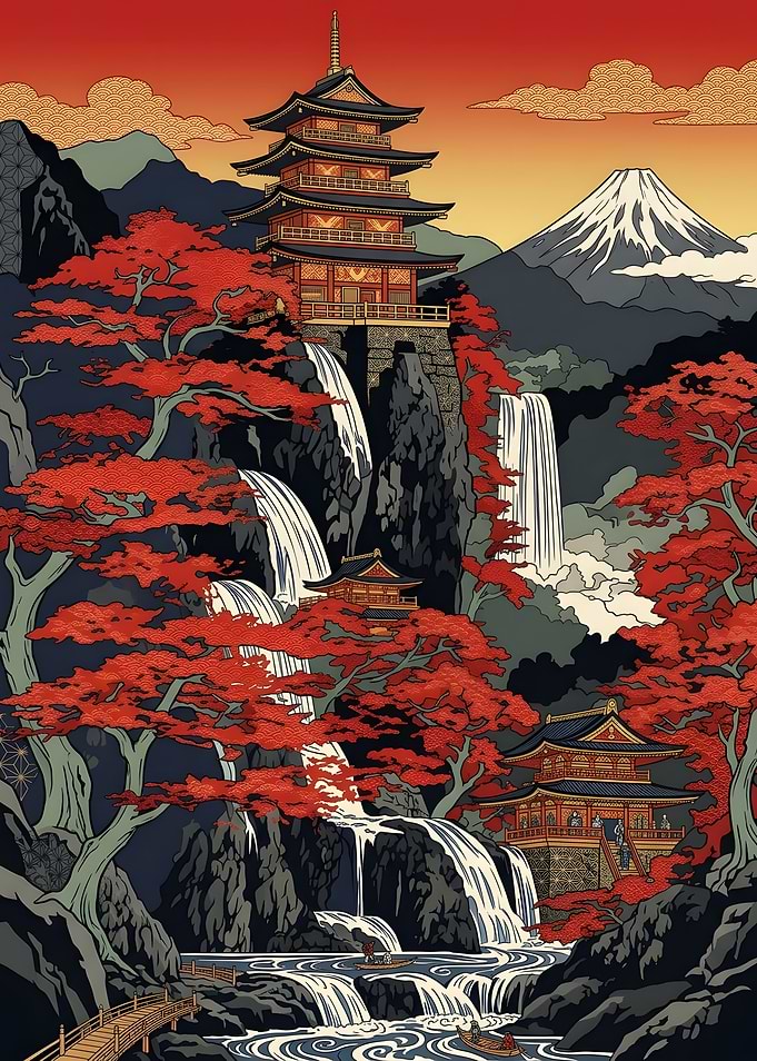 Japanese Pagoda and Mount Fuji Landscape