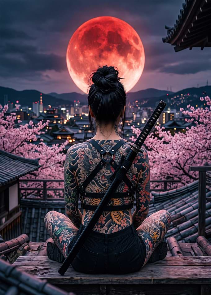 Tattooed Warrior Girl Under Red Moon japan samurai