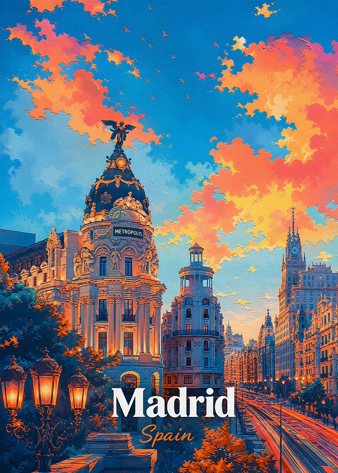 Vibrant Sunset Over Madrid Metropolis Building