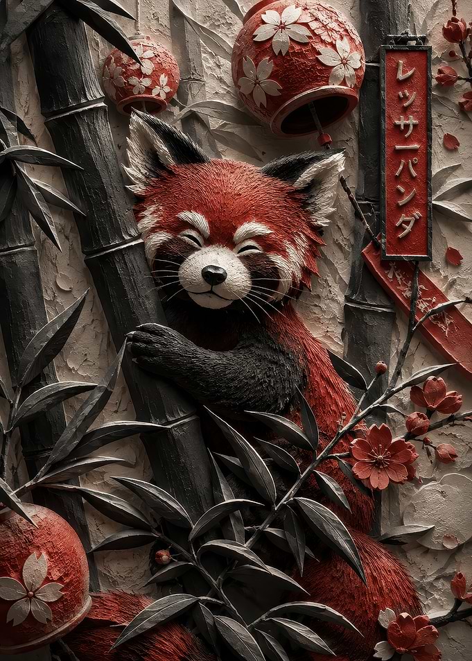 Red Panda Bamboo Relief Art