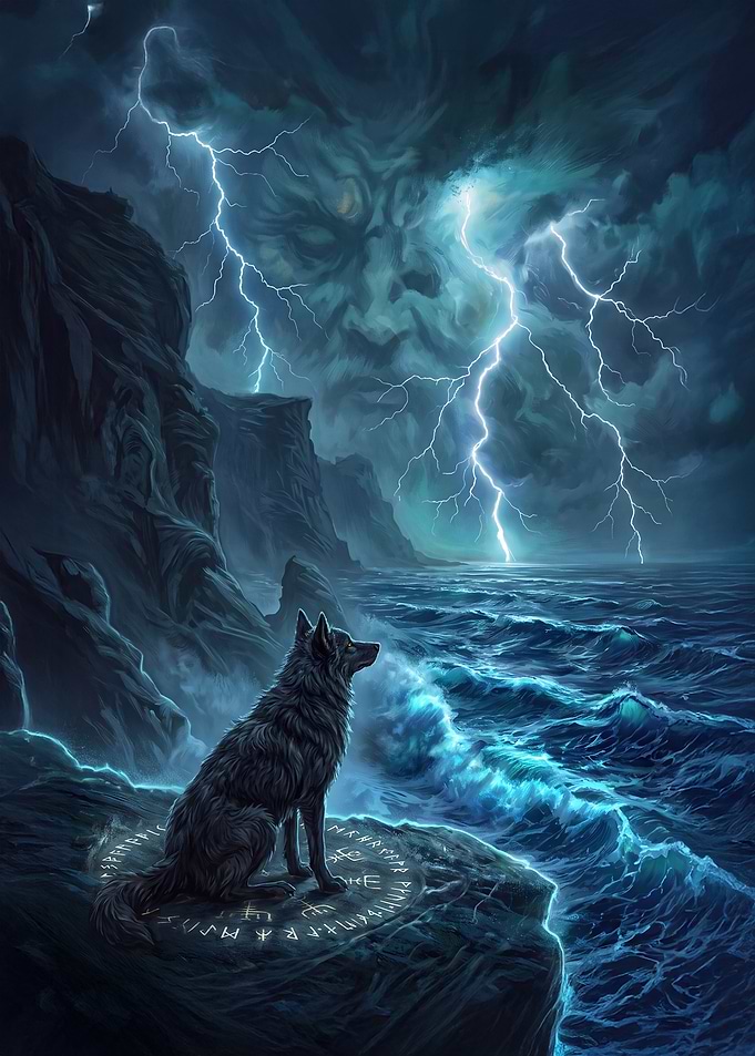 Wolf on Runic Rock Under Storm
