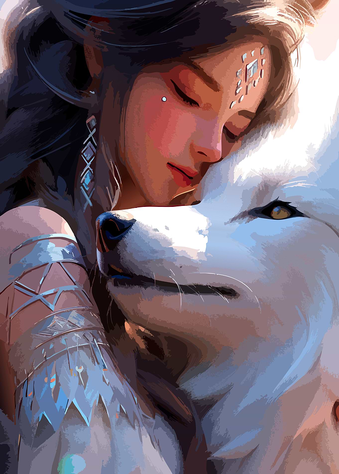 Woman Embracing a White Wolf