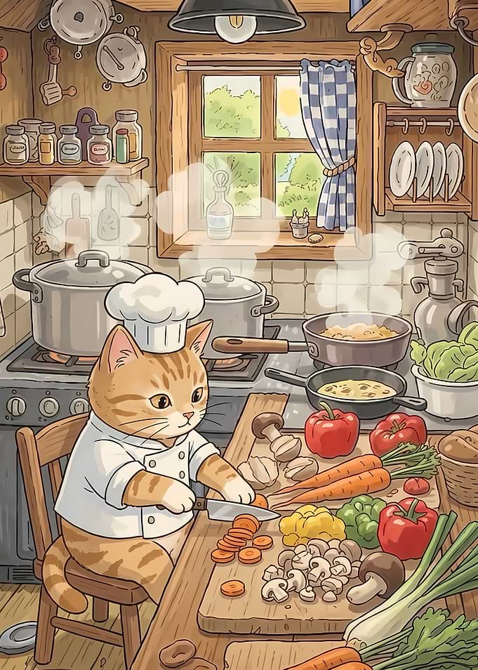 Cute Cat Chef Cooking in Kitchen