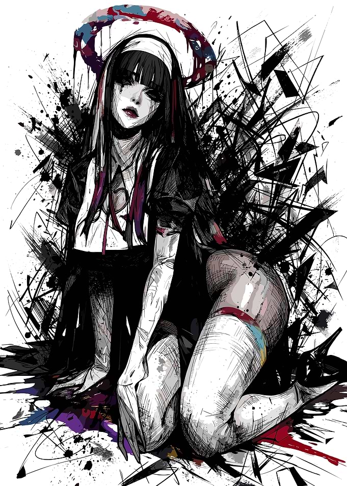 Dark Gothic Anime Nun Illustration