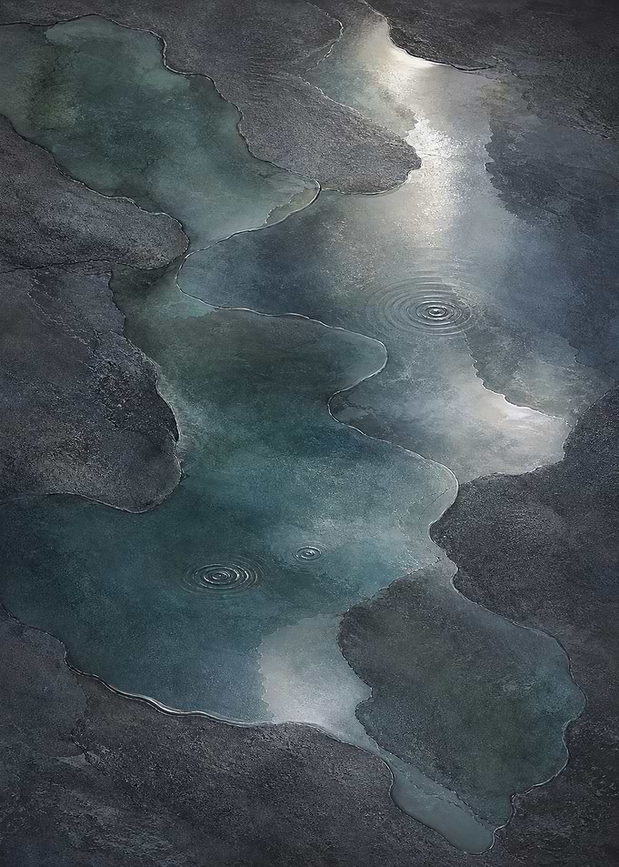 Blue Green Rain Pools on Dark Stone