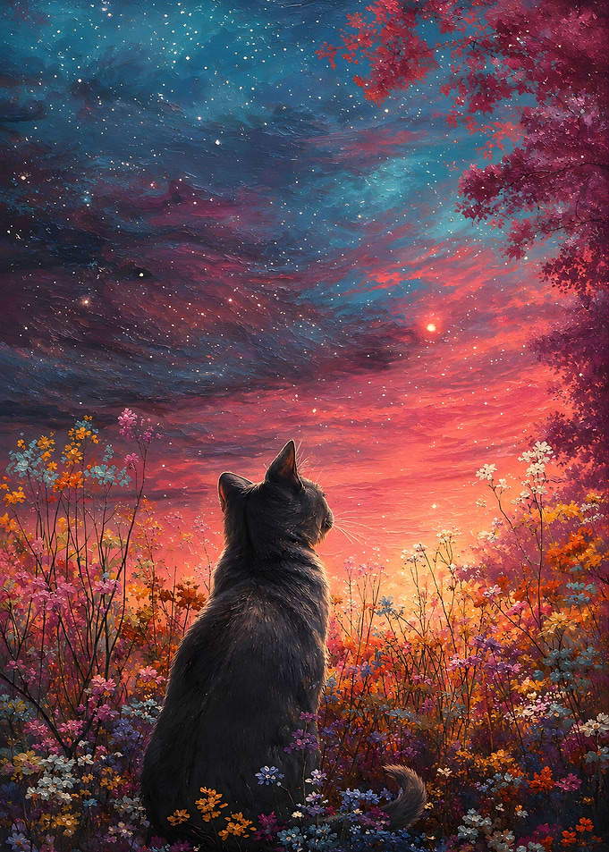 Black Cat Gazing at Starry Sunset