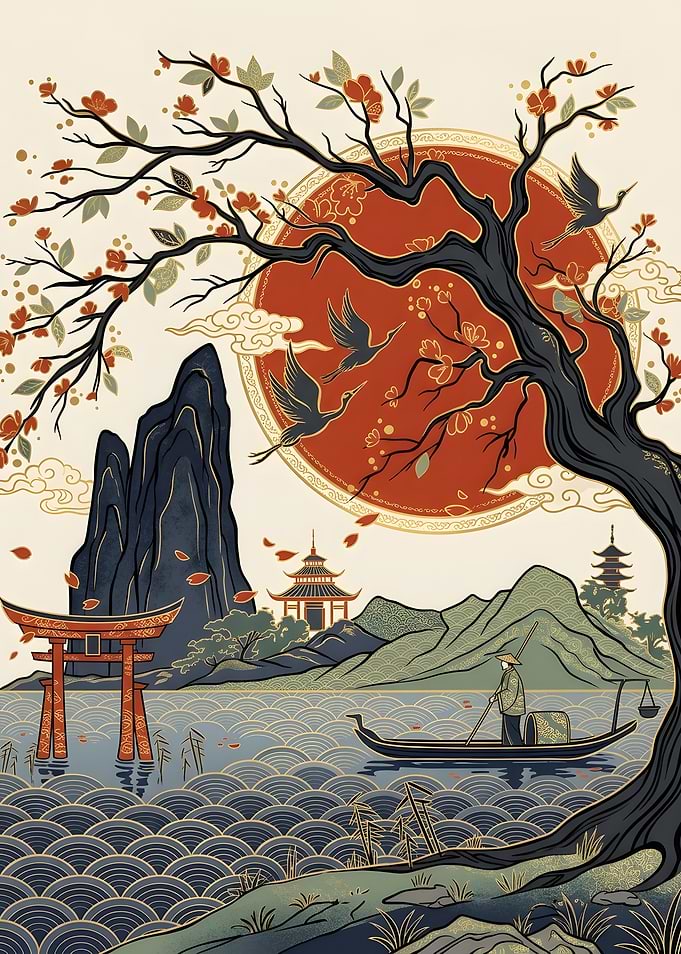 Traditional Japanese Landscape with Boat