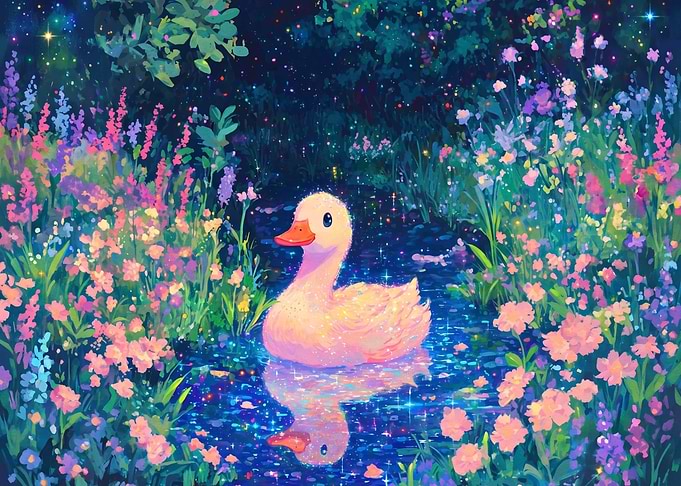 Magical Glowing Duck in Flower Garden