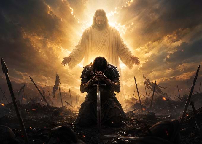 Warrior Kneeling Before Divine Presence