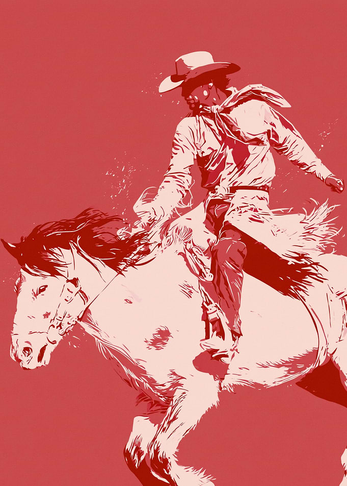 Red Monochrome Cowboy Riding Horse