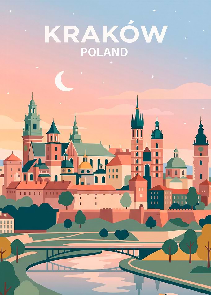 Krakow Poland Cityscape Travel Poster