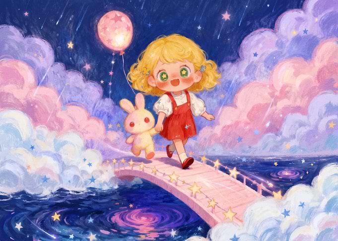 Girl and Bunny Walking on Bridge