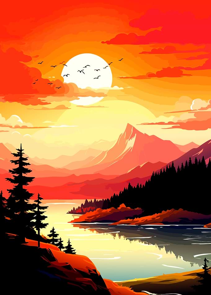 Vibrant Sunset Mountain Lake Landscape