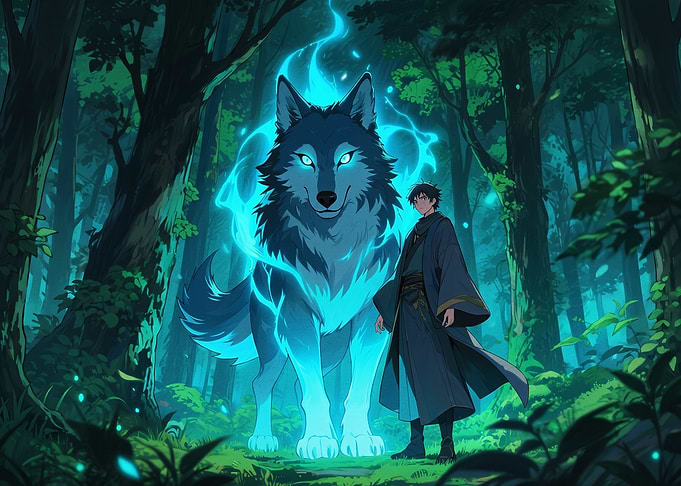 Anime Warrior and Spirit Wolf