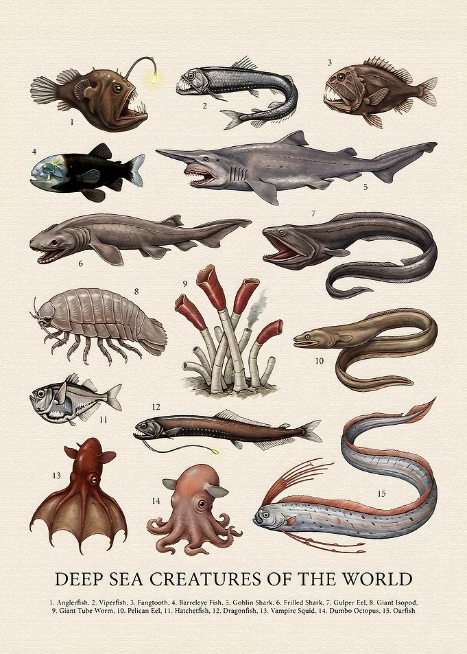 Deep Sea Creatures Scientific Illustration Poster