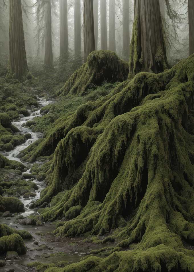 Moss-Covered Roots in a Misty Ancient Forest