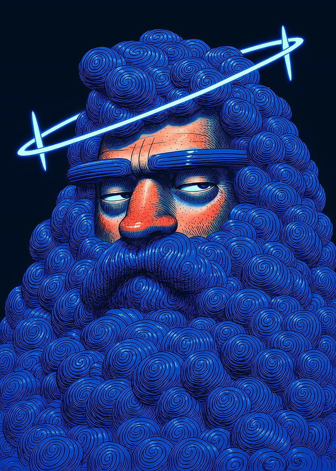 Blue Bearded Deity Portrait