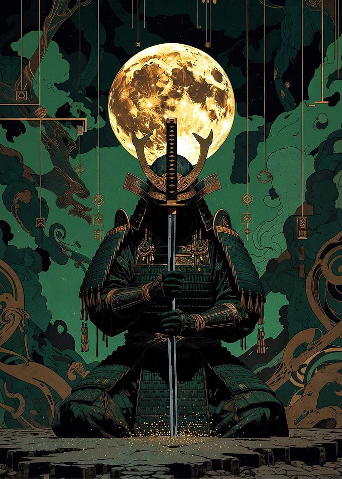 Samurai Kneeling Under Full Moon