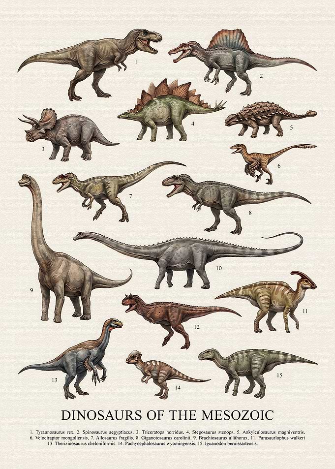 Dinosaurs of the Mesozoic Educational Poster