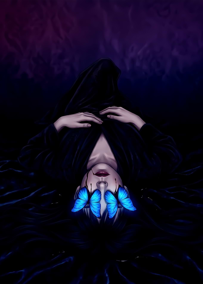 Dark Surreal Portrait with Blue Butterflies