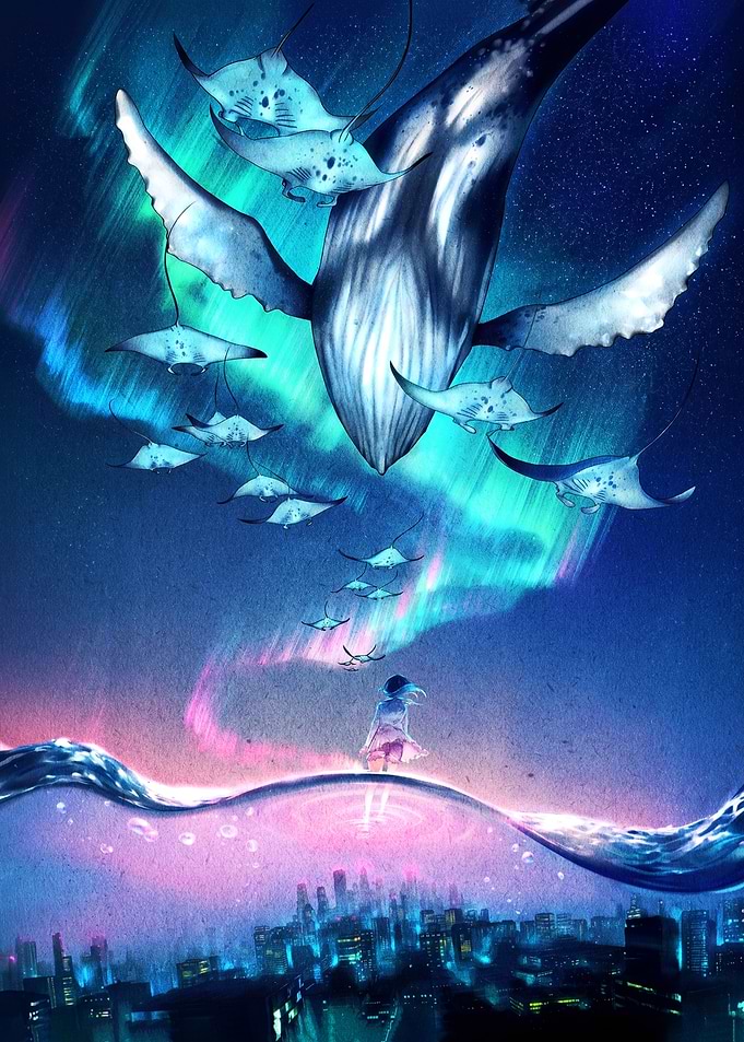 Whale and Rays in Aurora Sky