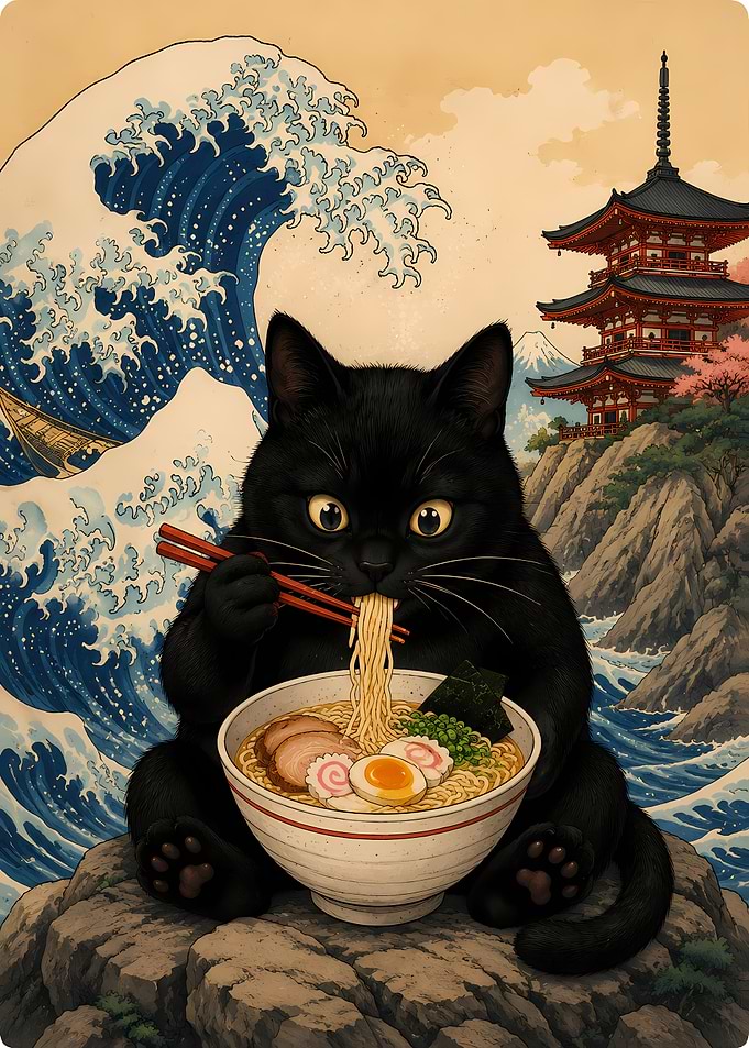 Black Cat Eating Ramen Ukiyo-e Style