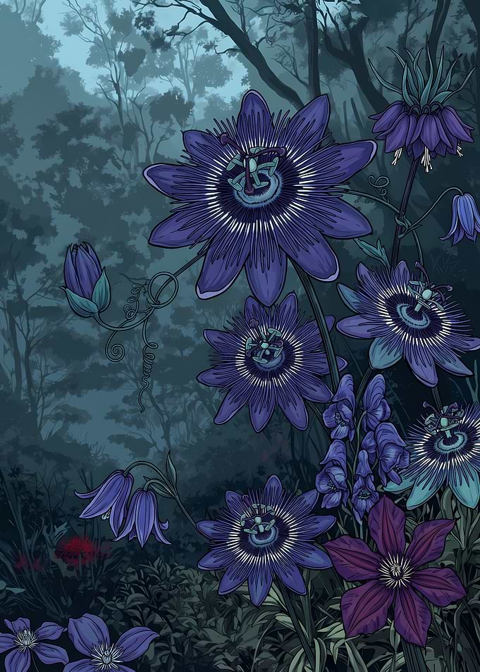 Dark Moody Passion Flower Illustration