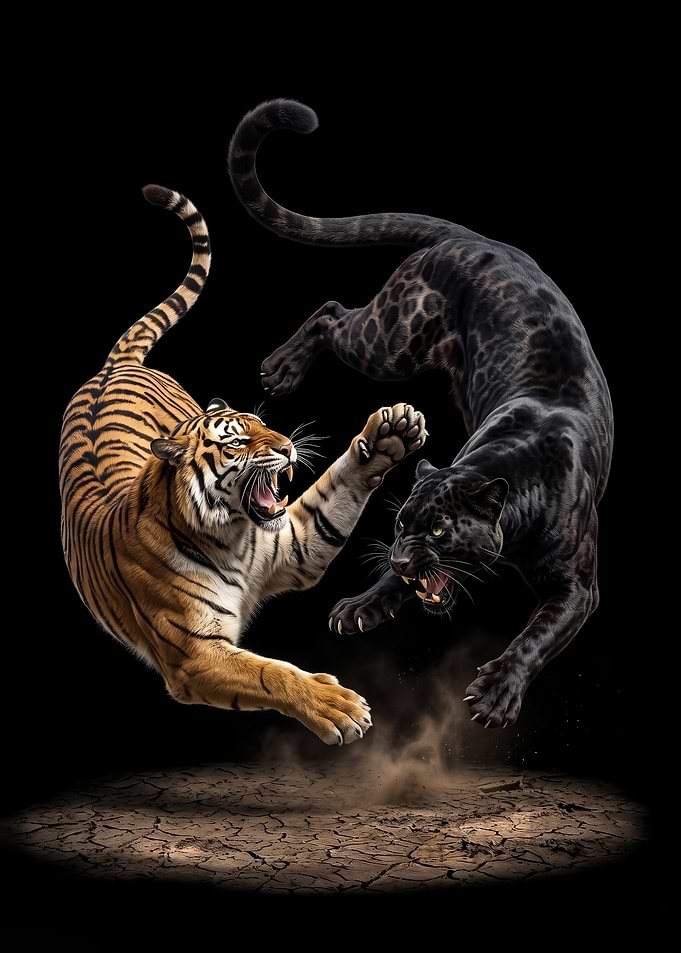 angry wild Tiger and Black Panther Fighting poster