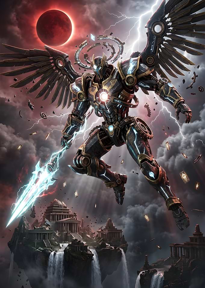 Mechanical Angel Warrior Above Floating Ruins