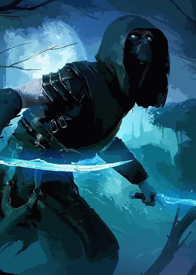 Mysterious Hooded Assassin with Glowing Blades