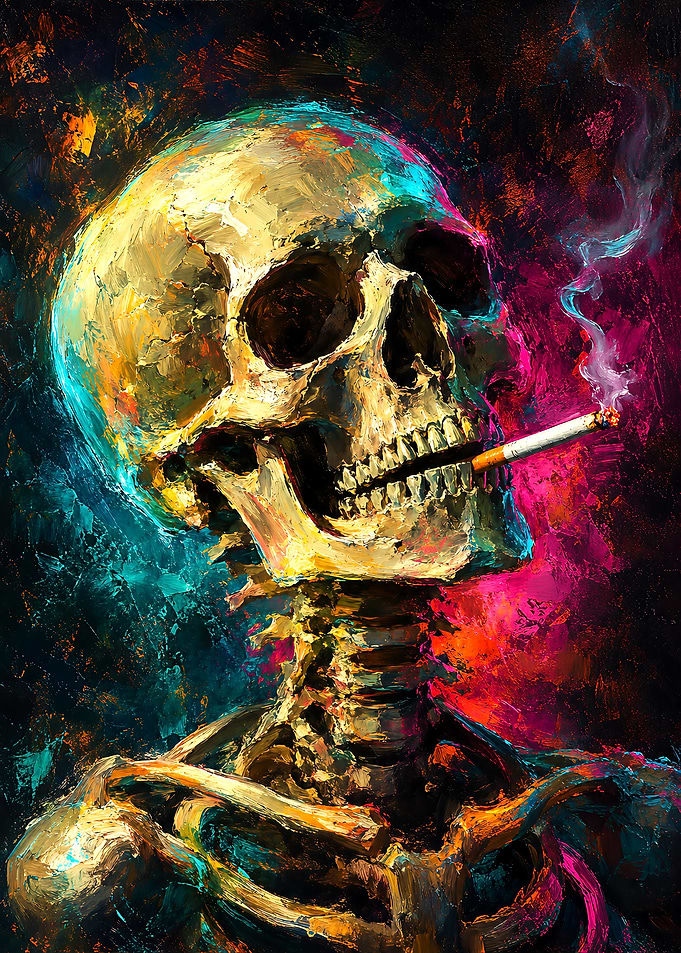 Colorful Oil Painting of Smoking Skull