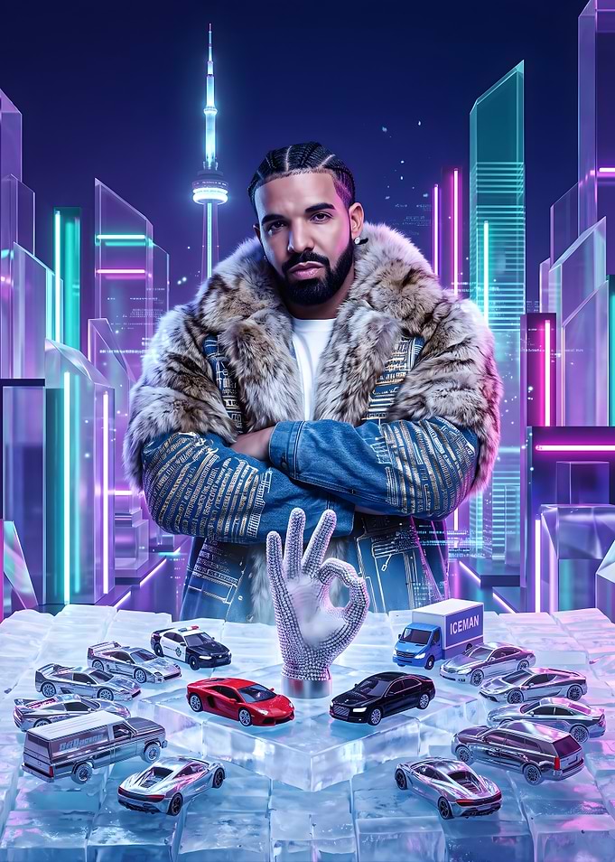 Drake with Toy Cars and Neon City
