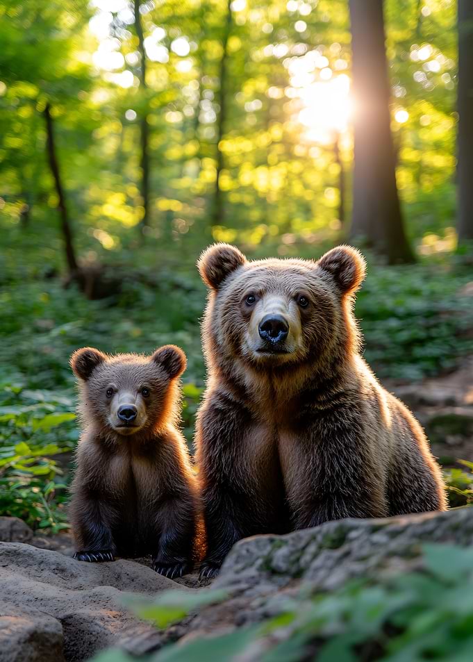 Mother Bear and Cub in Forest