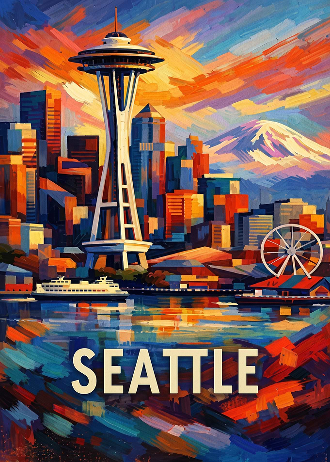 Vibrant Impressionist Seattle Cityscape Poster