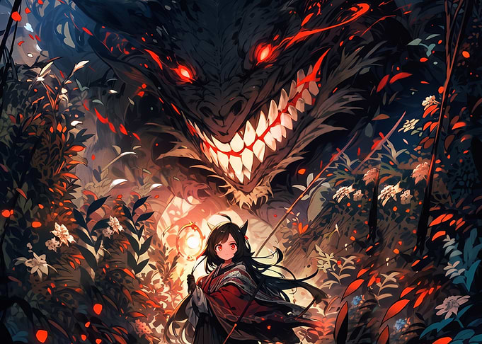 Anime Girl Facing Shadow Monster
