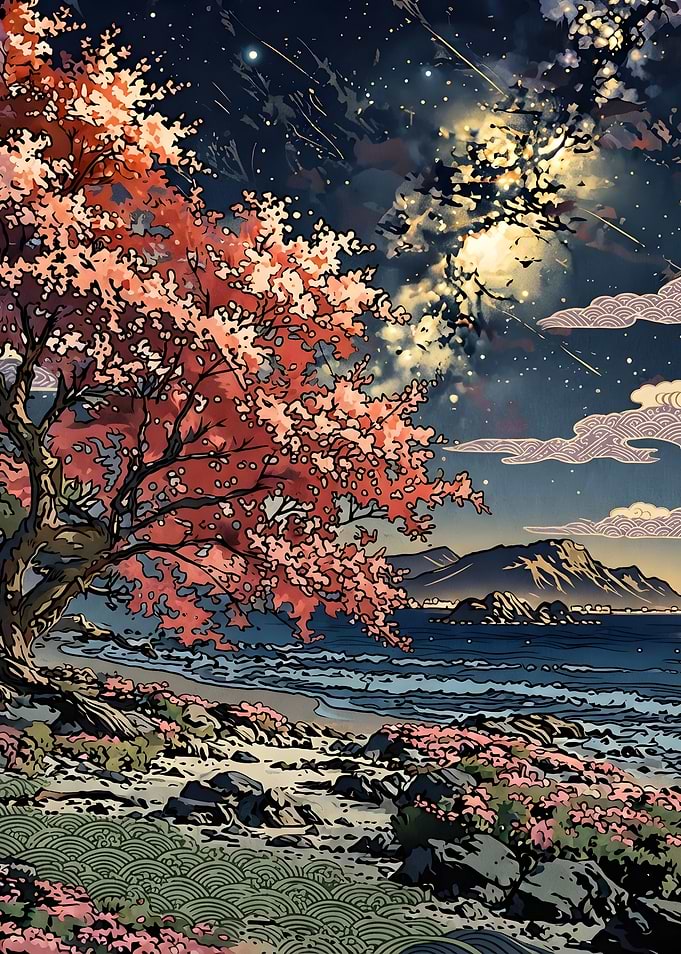 Ukiyo-e Style Cherry Blossom Night Landscape