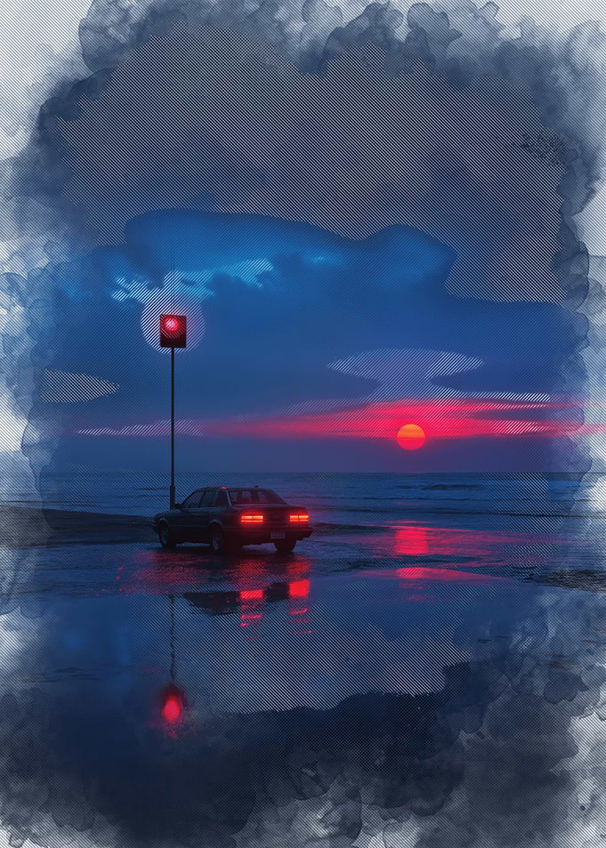 Car parked at sunset by water